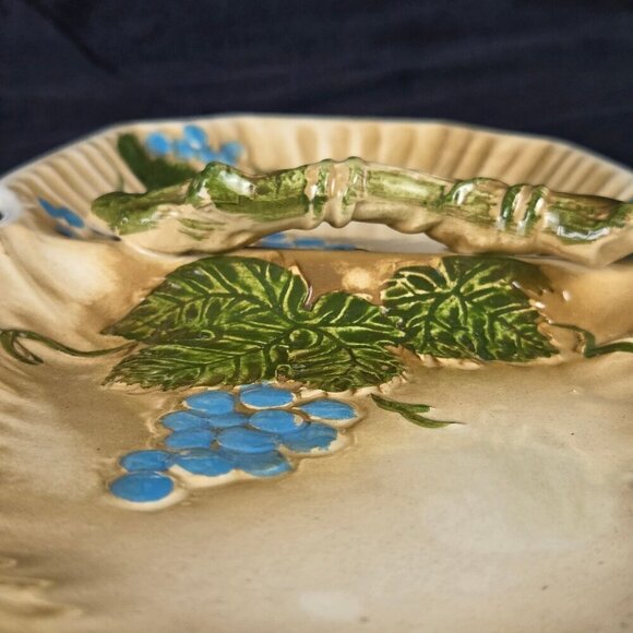Vintage Majolica Grapevine 2 Section Candy Dish/Olive Dish Painted & Glazed - Picture 8 of 13